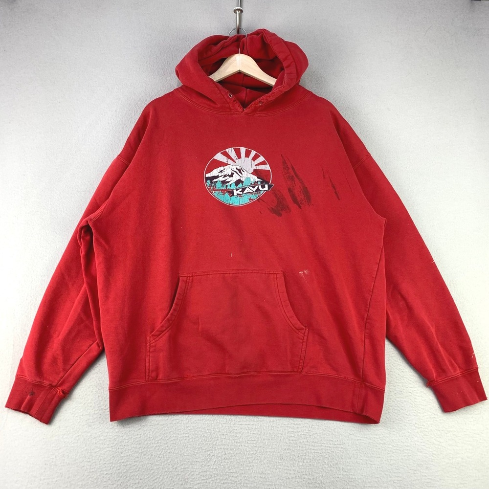 Kavu Logo Graphic Hoodie Mens XL Red Outdoor Pullover‎ Sweatshirt Trashed